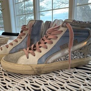 Women's High-Top Sneakers - Blue and Glitter